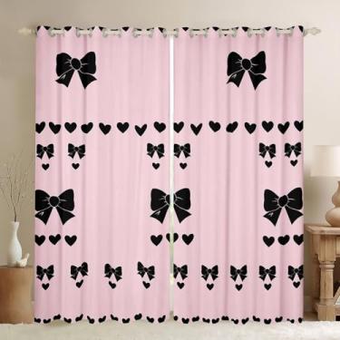 Imagem de Cortinas de janela com laço feminino, gravata borboleta preta, estampa de coração, cortinas de decoração de casa, rosa adorável estilo princesa, cortinas de janela duráveis para presentes infantis, 2
