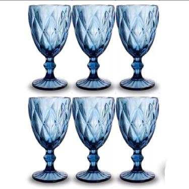 Imagem de Conjunto de Taças Diamond, Vidro Azul, 330ml, Design Geométrico em Relevo, 17cm x 8,5cm, 6 Peças, Cálice para Água, Sucos e Drinks