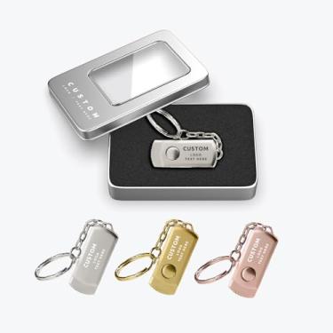 Imagem de Pen drive USB personalizado, pacote com 100 unidades de pen drive giratório de metal personalizado USB 2.0 com chaveiro, ideal para presentes corporativos, eventos de negócios, brindes promocionais
