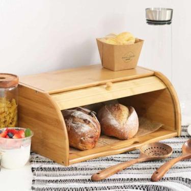 Imagem de Porta Pão com Tampa Retrátil de Bambu – Ideal para Armazenar Pães, Bolachas e Snacks. Resistente, Durável, Ecológica e com Design Elegante. Cor Bege Premium