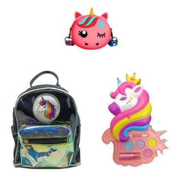 Imagem de Mini Mochila Preta, Bolsa e Maquiagem Unicórnio Infantil - BD Net