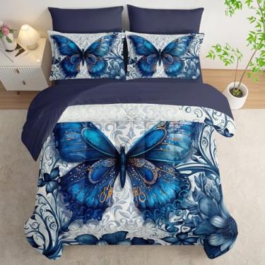 Imagem de AILONEN Lindo conjunto de edredom solteiro, lençol de cima e lençol com elástico, lençol de cima e 2 fronhas, lençol com elástico e 2 fronhas, solteiro, flor azul vintage