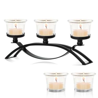 Imagem de Conjunto de castiçais de metal de 3 braços com 5 copos de vidro, castiçais votivos de centro de mesa para decoração de mesa de casamento, reuniões de casa e feriados (preto, 5 xícaras)