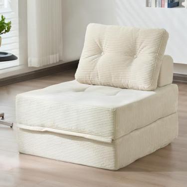 Imagem de Eliirado Sofá-cama dobrável, cadeira de dormir conversível 3 em 1 veludo cotelê de espuma de alta densidade futon sofá de chão cadeira dobrável cama para adultos sala de estar quarto, bege