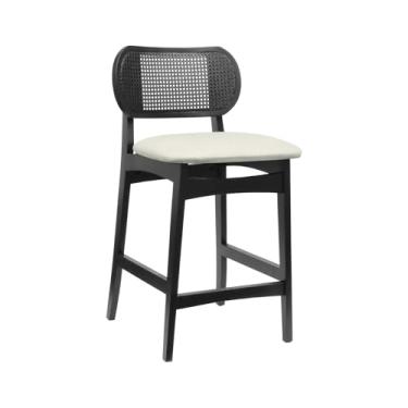 Imagem de Banqueta Organik Encosto Anatômico com Telinha Rattan - Preto - Assento Estof. Linho Bege Mescla Impermeável