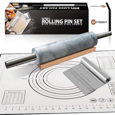 Imagem de Rolo de massa de mármore profissional para massa - Rolo de massa de pizza sólido e preciso para assar, incluindo tapete de silicone, raspador de massa de aço, suporte de madeira - Presente para