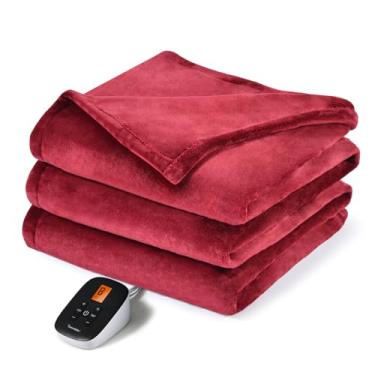 Imagem de Sunable Cobertor elétrico aquecido - Cobertor lavável à máquina com configurações de tempo 10 ajustes de calor tamanho completo 197 × 213 cm vinho - veludo