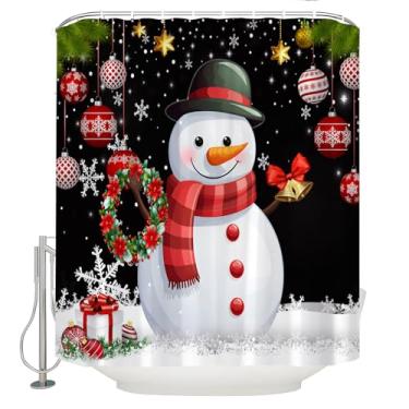 Imagem de Cortina de chuveiro com bola de boneco de neve de Natal, boneco de neve vermelho, guirlanda de sino, floco de neve, rústico, casa de fazenda, Natal, inverno, férias, feliz ano novo, cortina de banho