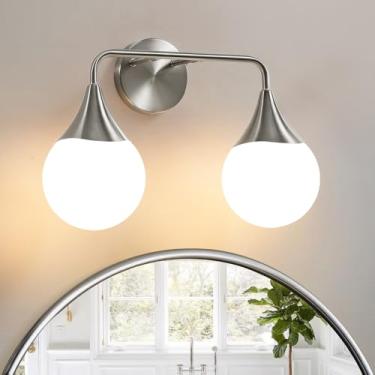 Imagem de HAHZT Luminárias de banheiro para banheiro: níquel escovado 2 luzes meados do século quinta luminárias de banheiro sobre espelho - arandela de parede com vidro globo fosco para banheiro de corredor