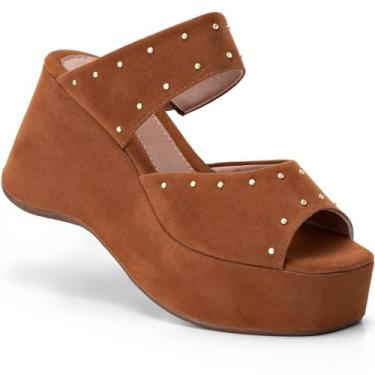 Imagem de Sandália Anabela Feminina Lumiss Camurção Rebite Tachas Dourada Plataforma Confortável caramelo35