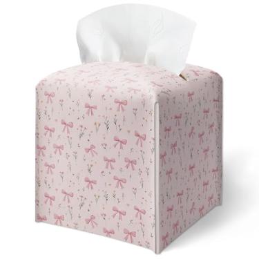 Imagem de Capa de caixa de lenços de seda com laços rosa com flores fofas femininas capa de caixa de lenços quadrada à prova d'água, decoração de mesa para cozinha, banheiro, mesa de cabeceira, escritório