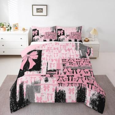 Imagem de Feelyou Conjunto de edredom King com laço rosa, cinza, preto, para meninos e meninas, conjunto de cama com laço de coquete, decoração de quarto, 3 peças