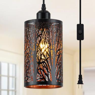 Imagem de Shining gold Luminária pendente de plugue preto industrial vintage mini preto dourado iluminação pendente rústica de cilindro esculpido oco para ilha de cozinha, quarto, sala de jantar, corredor