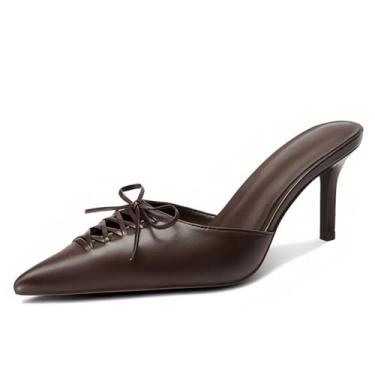 Imagem de Dsevht Salto gatinho preto feminino bico fino fechado elegante salto laço vintage mules sexy pontudo cravejado sapato stiletto, Marrom, 39