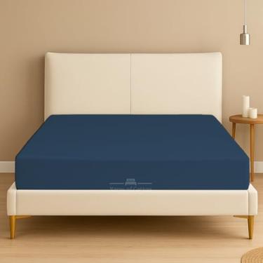 Imagem de Apenas lençol de baixo com elástico Cal-King - 600 fios 100% algodão egípcio - bolsos extra profundos de 40 cm - ultramacio e respirável - resistente a rugas e desbotamento - ajuste único, azul médio