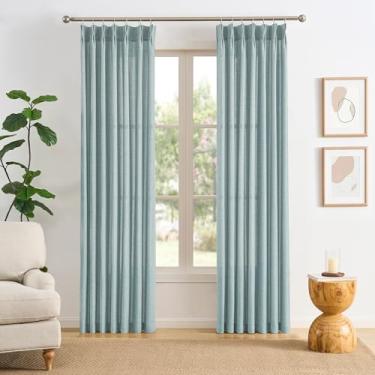 Imagem de Cortinas plissadas de linho azul claro 228 cm de comprimento, plissadas, semitransparentes, texturizadas, ganchos, aba traseira, cortina de filtragem de luz moderna costeira, 2 painéis para sala de