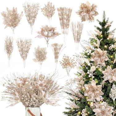 Imagem de Yerliker 108 palhetas e sprays de Natal com glitter champanhe, decoração de árvore de Natal artificial, ramos de cedro falsos, flores, caules para centro de mesa, guirlanda, vaso faça você mesmo