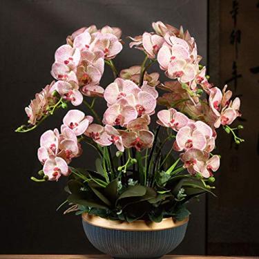 Imagem de DCYEQRQ Flor artificial em vaso grande arranjo de orquídeas artificiais, orquídeas falsas Phalaenopsis florais com vaso de cerâmica, 12 ramos orquídeas bonsai para casa/sallous/weddi