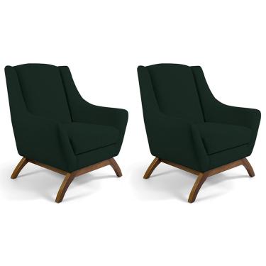 Imagem de Kit 02 Poltronas Decorativa Fixa Base de Madeira Juliet D02 Linho Verde C-117 - Lyam Decor