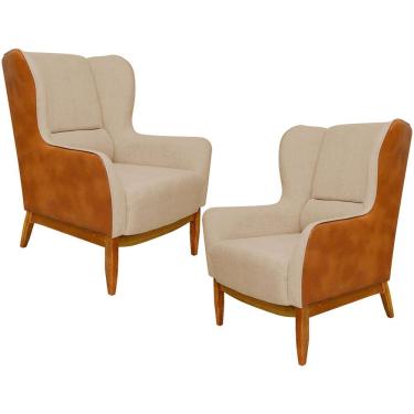 Imagem de Kit 02 Poltronas Decorativa Base de Madeira Milena D02 Linho Bege C-129 Corano Marrom - Lyam Decor
