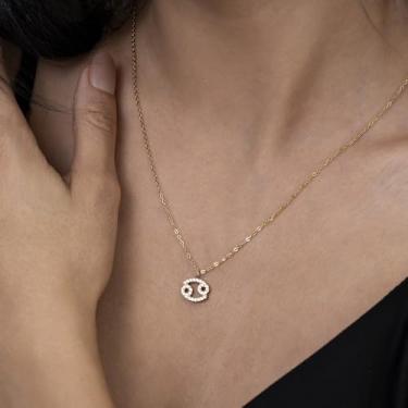 Imagem de Colar com pingente com corrente de aço inoxidável, colar de horóscopo decorado com cristal para mulheres, joia de ouro de 50,8 cm, F, Aço inoxidável, Sem Pedra Preciosa