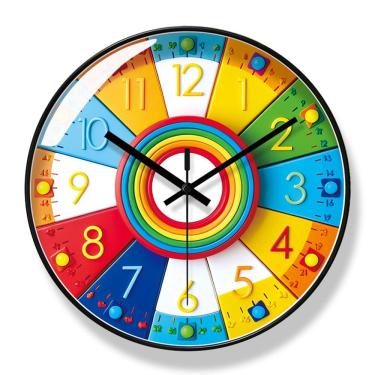 Imagem de Relógio de parede colorido com design de desenho animado educacional de 30 cm