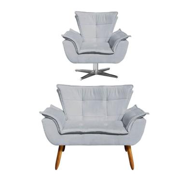 Imagem de Kit Namoradeira 2 Lugares E 1 Poltrona Decorativa Giratória Cromada Opla Suede Cinza - Ibiza