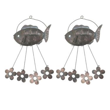 Imagem de Sino Dos Ventos Peixe Flores Kit 2 Unidades Decoraçao Varanda Enfeite Quintal Jardim Ambiente Externo