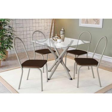 Imagem de Conjunto: Mesa Sala Jantar Volga C- Tampo De Vidro 90cm E 4 Cadeiras Noruega Niquel - Courano Marrom - Kappesberg