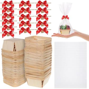 Imagem de HFYZZ Conjunto de 16 mini cestas de presente de Natal vazias pequenas de madeira com sacos e laços de celofane cesta de presente pequena para decoração de casamento, festa de Natal, 14,5 x 14,5 x 7,6