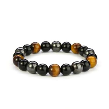 Imagem de Pulseira de couro masculina com contas vulcânica pedra olho de tigre pulseira trançada multicamadas joias presentes com fecho, One Size, Metal, Sem Pedra Preciosa