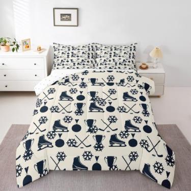 Imagem de Conjunto de edredom solteiro de hóquei no gelo, bege, jogador, hóquei, esportes, passatempo, atividades, para crianças, meninas, meninos, floco de neve, eventos esportivos de inverno, para todas as