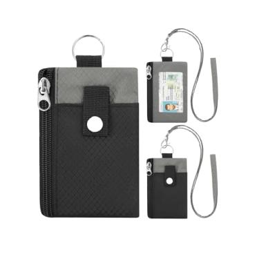 Imagem de Carteira minimalista com bloqueio de RFID com cordão, capa funcional para identidade com 2 bolsos com zíper e chaveiro para homens e mulheres, porta-cartões com crachá tático, porta-moedas para