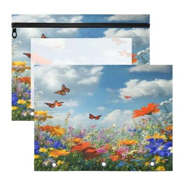 Imagem de SEHANY Pasta de lápis de flores de jardim com 3 anéis - bolsa de documentos com zíper tamanho A4 com janela transparente para sala de aula, escritório, 2 peças