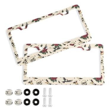 Imagem de SEHANY Molduras de placa de carro vintage rosa crânio, capas de alumínio à prova de ferrugem com furos elípticos e parafusos serve para veículos padrão dos EUA tamanho acessórios de carro para