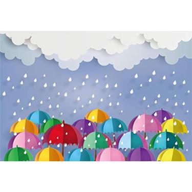 Imagem de Leyiyi 2,7 x 1,8 m Pano de fundo colorido com desenho animado infantil faixa de aniversário para chá de bebê 1º dia B dia de chuva gotas de chuva Cloudscape estação escolar bem-vindo retrato vinil