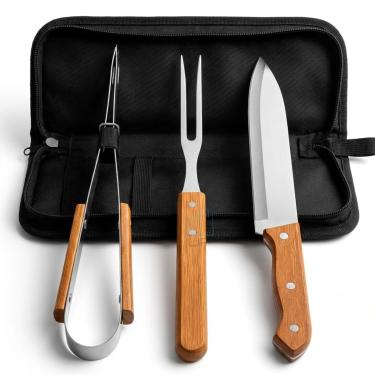 Imagem de Kit Churrasco 3 Peças com Estojo – Faca, Garfo e Pegador em Aço Inox e Cabo de Madeira, Conjunto para Churrasqueiro, Uso Doméstico e Camping – Resistente e Portátil