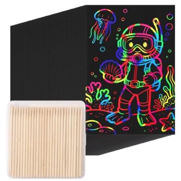Imagem de QEF 120Pcs Scratch Art Rainbow Paper Sets, Magic Black Scratch Off Art Craft Kits for Kids Rainbow Scratch Paper Classroom Party Favors Christmas Gifts for Kids Adults