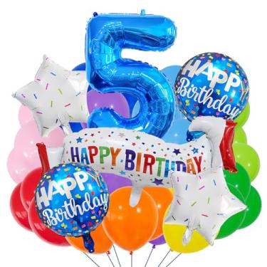 Imagem de Conjunto de suprimentos de 5º aniversário azul, conjunto de decoração de 5 anos colorido, balão de banner de feliz aniversário para meninas, meninos, crianças, adultos, artigos de festa, decoração de