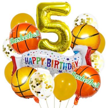 Imagem de Balão dourado de basquete número 5. Balões de alumínio de 5º aniversário, balões coloridos de banner de 5º aniversário, basquete, 5º aniversário, balões esportivos, balões de festa, meninos, decoração