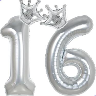 Imagem de 16 balões com números de 101,6 cm prata para decorações de aniversário de 16 anos para meninas e meninos, balões gigantes jumbo de 16 anos Mylar