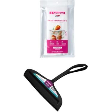 Imagem de Conjunto de 1 Rodo Plástico Multiuso Preto com Raspador 18cm + 1 Saco Abre e Fecha Hermético de 3 Litros