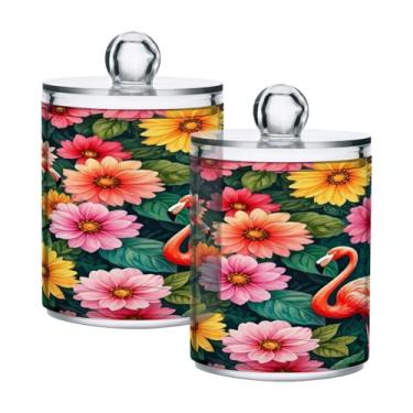 Imagem de Qilmy Qtip Suporte de 400 ml, frasco de armazenamento de boticário de plástico transparente flamingo floral tropical com tampa, dispensador de recipiente de banheiro para bola de algodão, cotonete