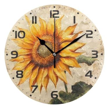 Imagem de JUZIHAI Relógio de parede vintage bonito com girassol, silencioso, sem tique-taque, redondo, operado por bateria, fácil de ler, relógio decorativo de parede para casa, cozinha, sala de estar, quarto