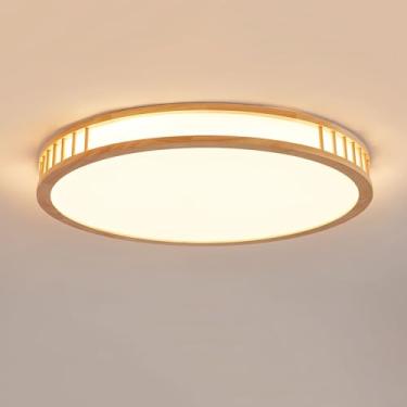 Imagem de Luminária de teto LED com acabamento em madeira, luz quente 3000K, design nórdico plano e redondo, ideal para sala de estar, quarto, cozinha, restaurante, corredor, iluminação interna de 50