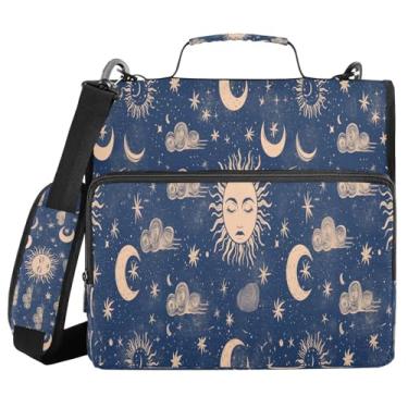 Imagem de JUZIHAI Elegante fichário com zíper para sol e lua com 3 anéis com alça de ombro e vários bolsos para pasta de arquivos, bolsa de armazenamento para escola e escritório