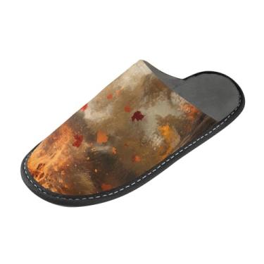 Imagem de ODAWA Pantufa feminina outono cachorro casa floresta chinelos masculinos inverno casa sapatos internos e externos, Cena de fogueira de outono, 6.5-7