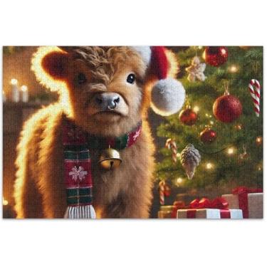 Imagem de Quebra-cabeça de vaca Highland de Natal para adultos com 1000 peças, pintura artística personalizada, divertida, brinquedo adulto, divertido, bobo, 75 x 40 cm