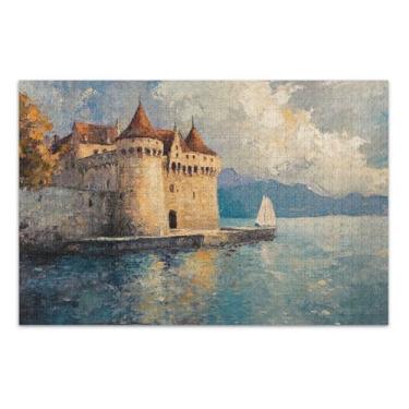 Imagem de Quebra-cabeça azul Chateau Lakeside, quebra-cabeça adulto 1000 peças, com letras nas costas, quebra-cabeças engraçados para adultos