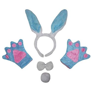 Imagem de Petitebella Luvas de cabeça de coelho com laço e cauda 4 peças fantasia 1-10 anos (branco/azul, 5-10 anos)